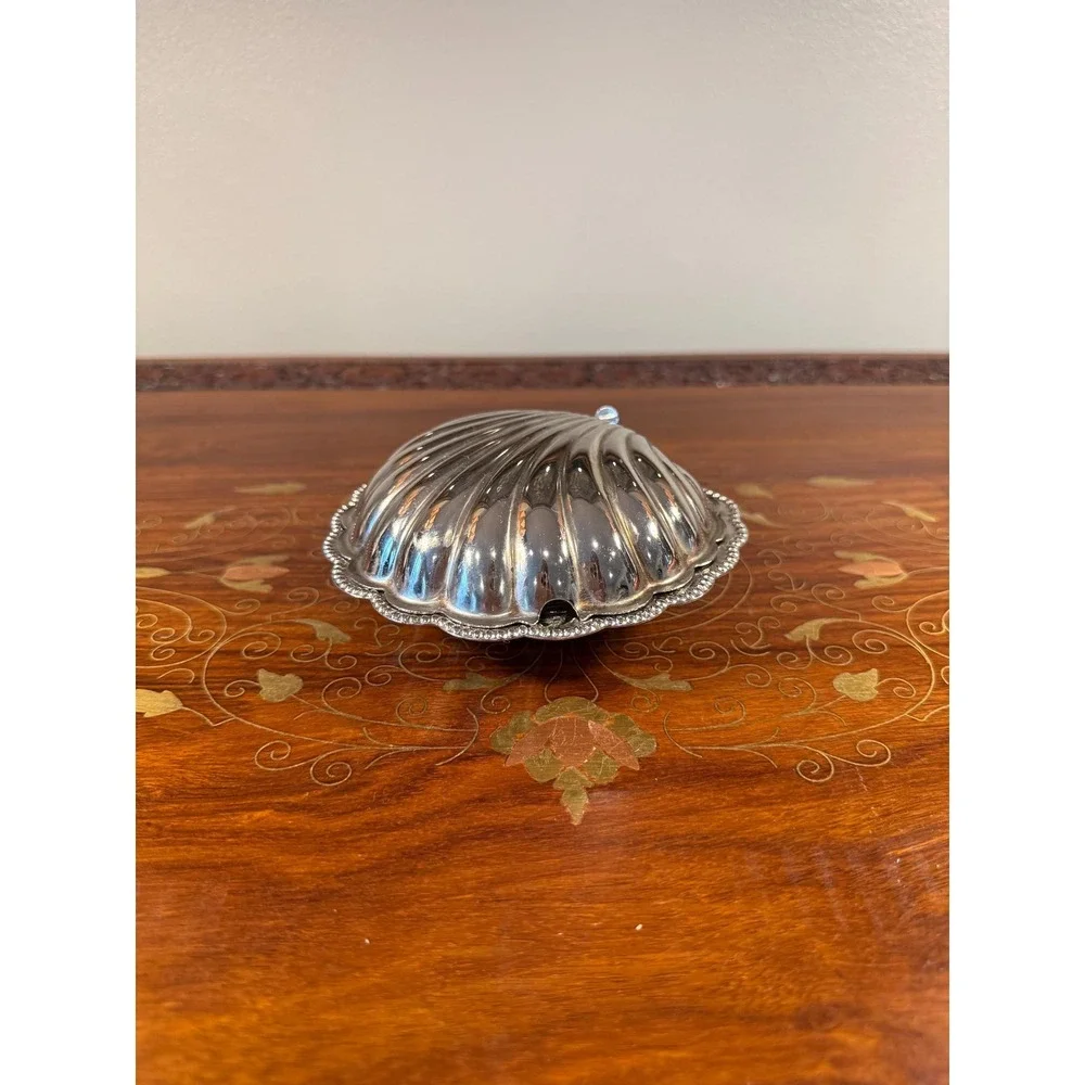 Vintage Clamshell Butter Dish • E&JL Silver Plate Server w/ Frosted Glass Insert